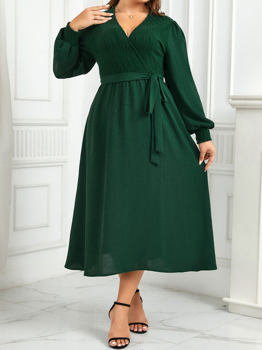 Plus Size Surplice Neck Tie Waist Long Sleeve Midi Dress-Jewearrings