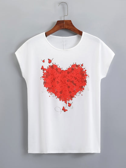 Heart Round Neck Short Sleeve T-Shirt-Jewearrings