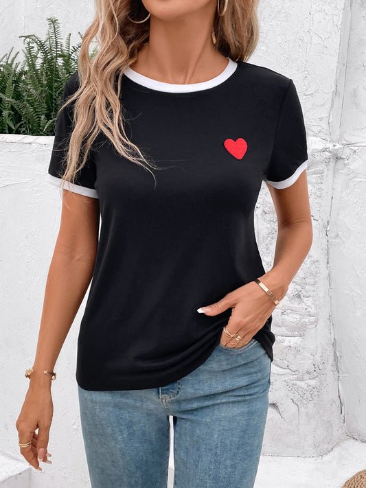 Heart Round Neck Short Sleeve T-Shirt-Jewearrings