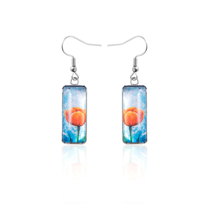 2023 New Flowers Tulip Time Gemstone Dangle Earrings Creative Square Stainless Steel Earrings-Jewearrings