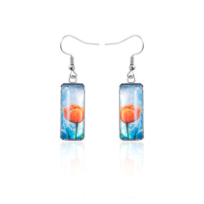 2023 New Flowers Tulip Time Gemstone Dangle Earrings Creative Square Stainless Steel Earrings-Jewearrings