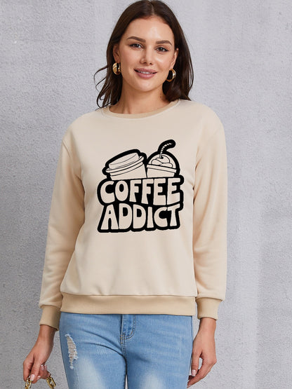 COFFEE ADDICT Round Neck Dropped Shoulder Sweatshirt-Jewearrings