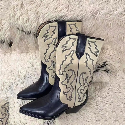 Embroidered Stitch Block Heel Cowboy Boots-Jewearrings