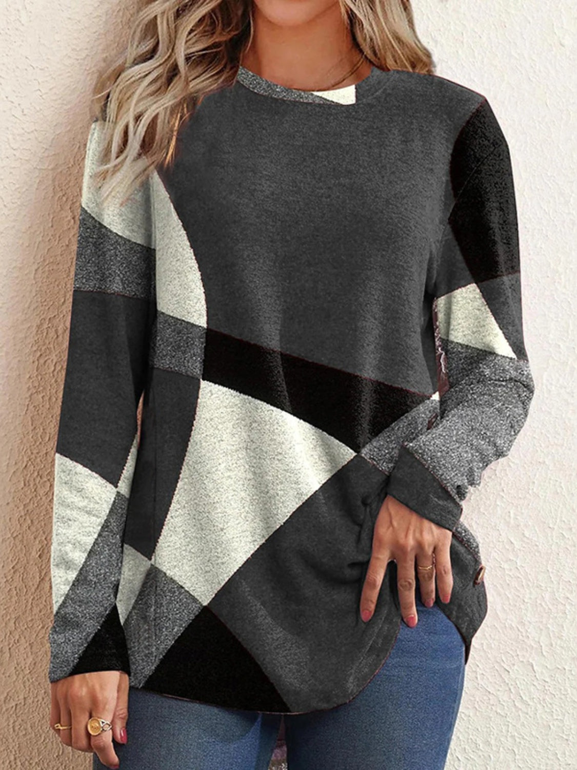 Geometric Round Neck Long Sleeve T-Shirt-Jewearrings