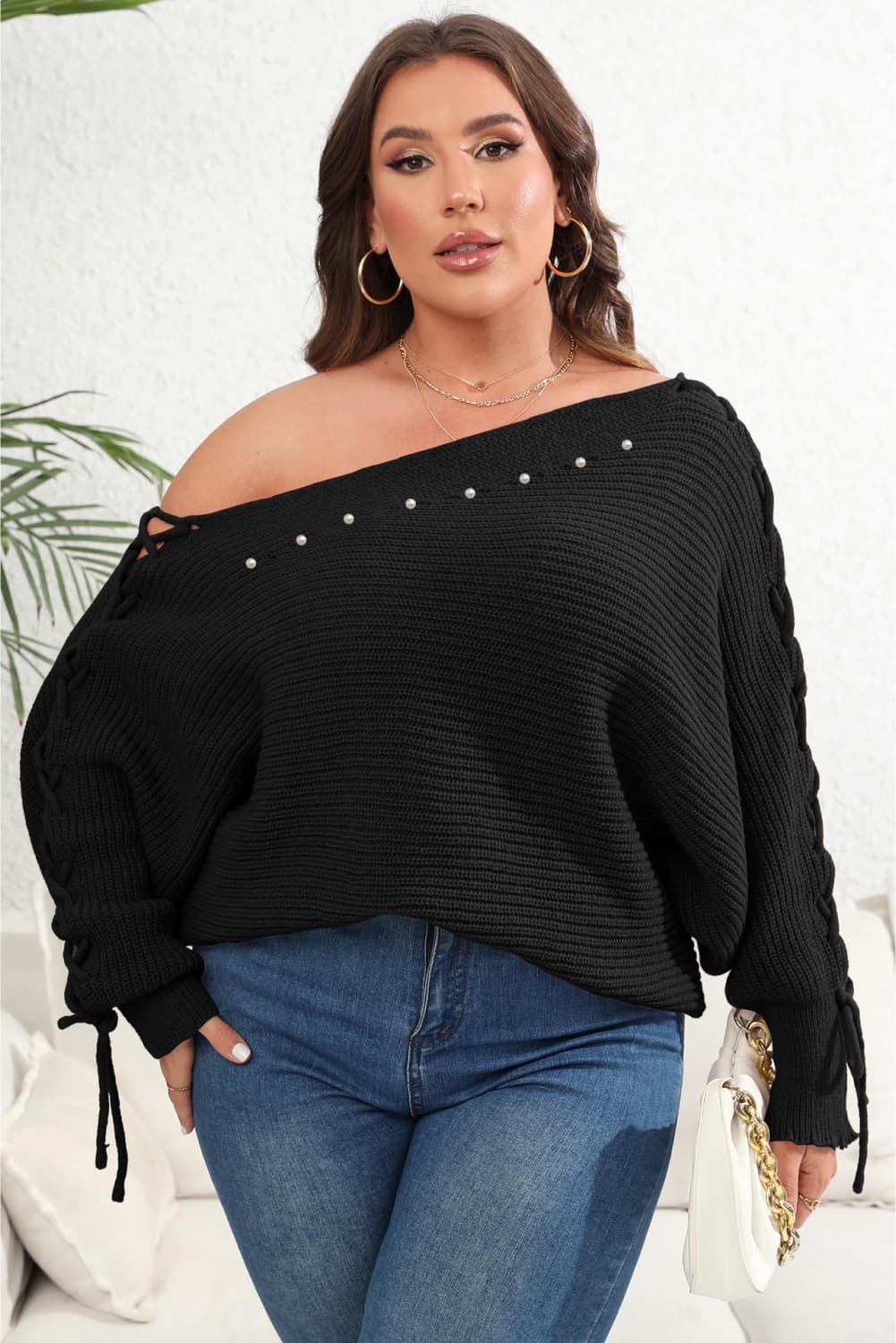 Plus Size One Shoulder Beaded Sweater-Jewearrings