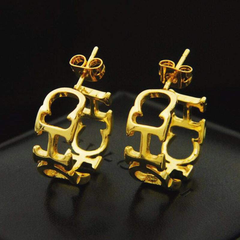 Ladies Fashion CHC Golden Letter Stud Earrings-Jewearrings