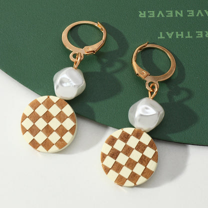 Round Checkered Earrings Temperament Pearl Earrings-Jewearrings