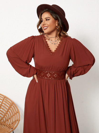 Plus Size Lace Detail V-Neck Balloon Sleeve Dress-Jewearrings