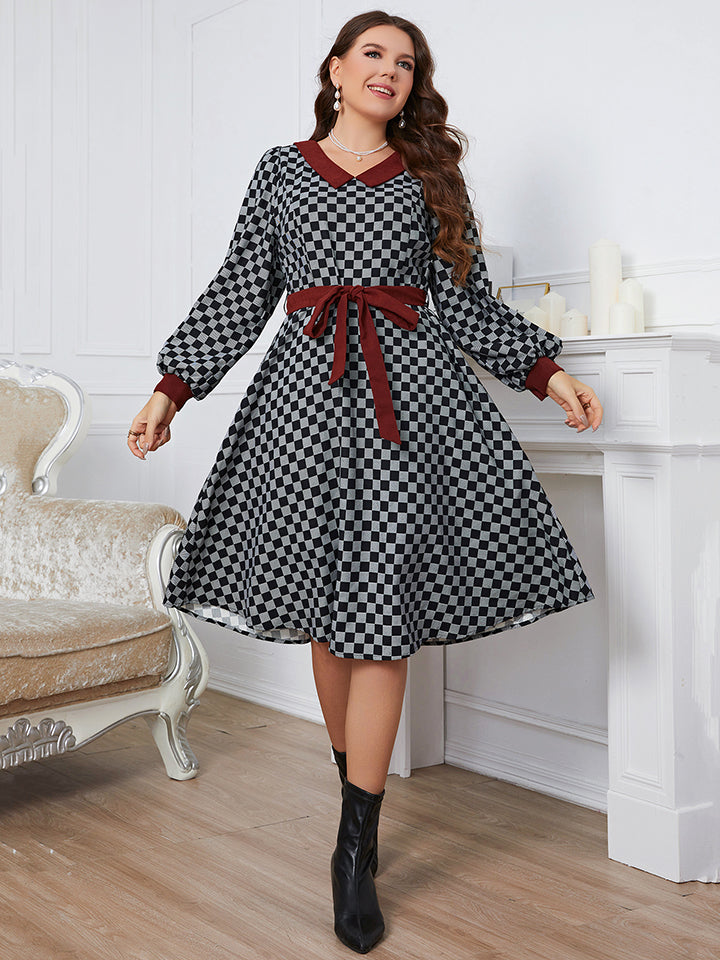 Plus Size Plaid V-Neck Long Sleeve Dress-Jewearrings