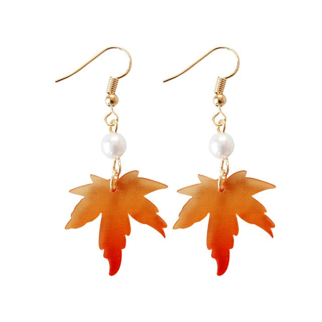 Maple Leaf Earrings Pearl Long Earrings-Jewearrings