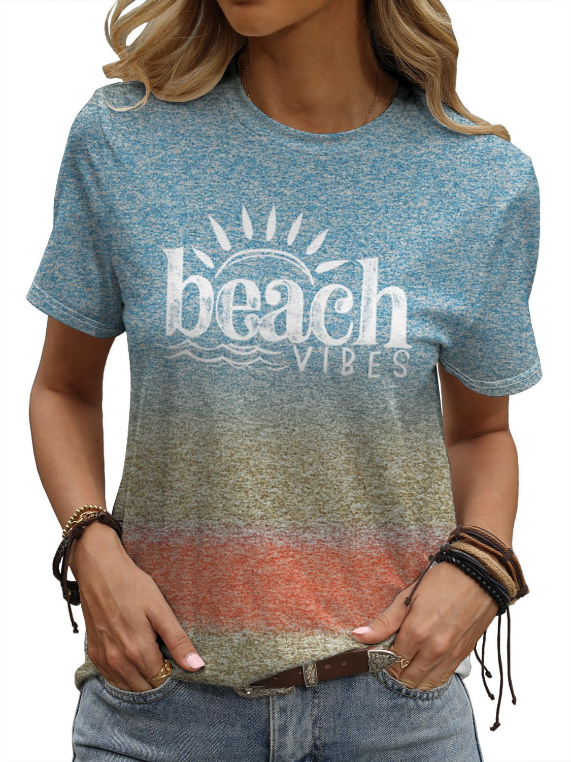 BEACH VIBES Round Neck Short Sleeve T-Shirt-Jewearrings