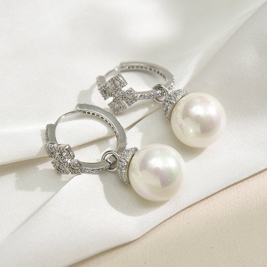 Micro-set Zircon Cross Pearl Silver Needle Earrings-Jewearrings