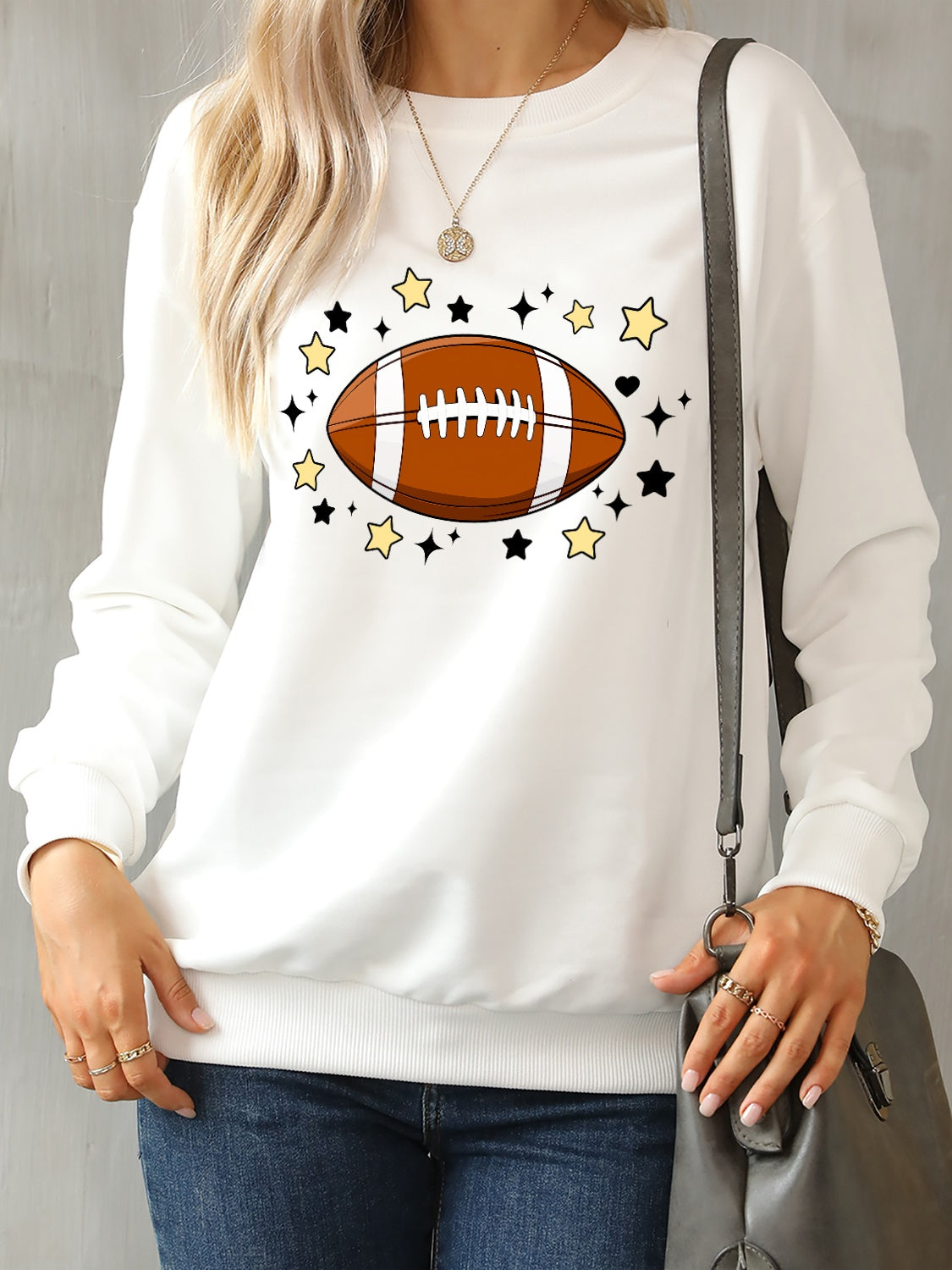 Football Graphic Round Neck Sweatshirt-Jewearrings