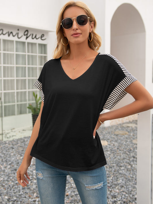 Striped V-Neck Short Sleeve T-Shirt-Jewearrings