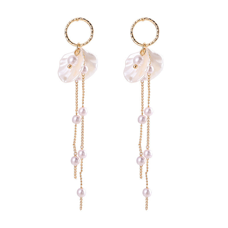 Pearl Petal Long Fringe Stud Earrings-Jewearrings