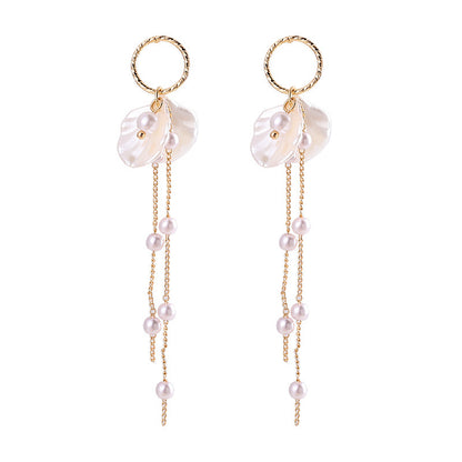 Pearl Petal Long Fringe Stud Earrings-Jewearrings