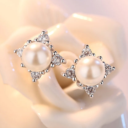 Simple Snowflake Pearl Zircon Earrings-Jewearrings