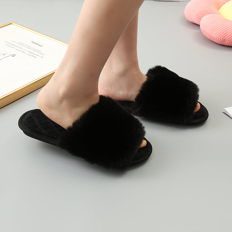 Faux Fur Open Toe Slippers-Jewearrings