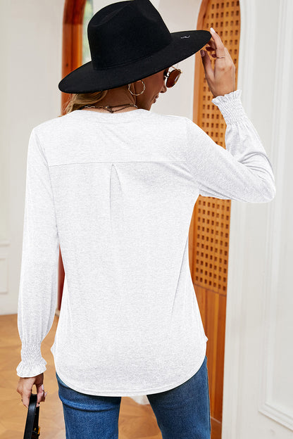 Smocked Notched Long Sleeve T-Shirt-Jewearrings