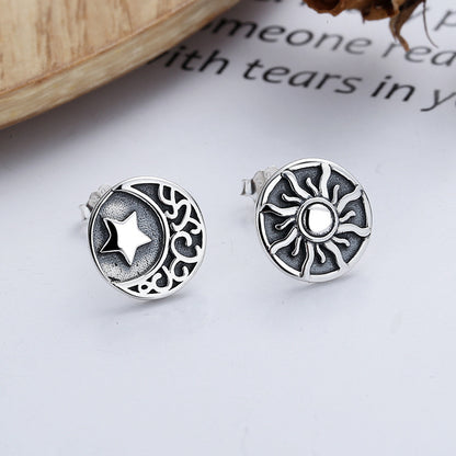 S925 Sterling Silver Vintage Totem Sun Star Stud Earrings-Jewearrings