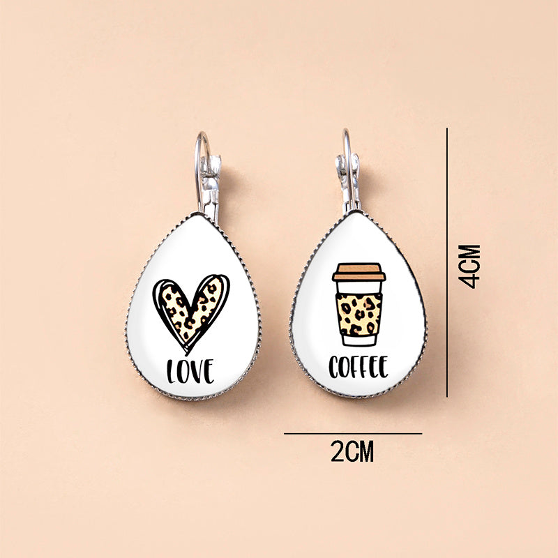 Funny Love Coffee Doodle Glass Dangle Earrings For Women-Jewearrings