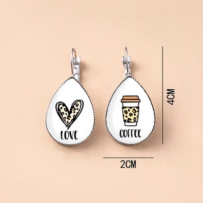 Funny Love Coffee Doodle Glass Dangle Earrings For Women-Jewearrings