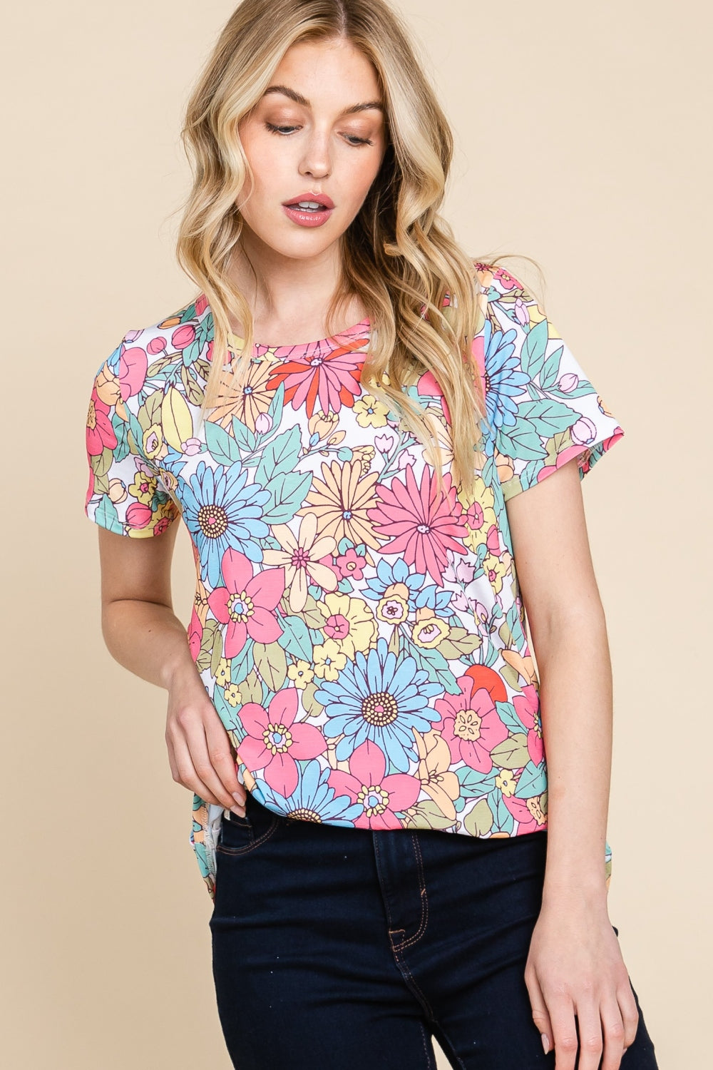 BOMBOM Floral Short Sleeve T-Shirt-Jewearrings