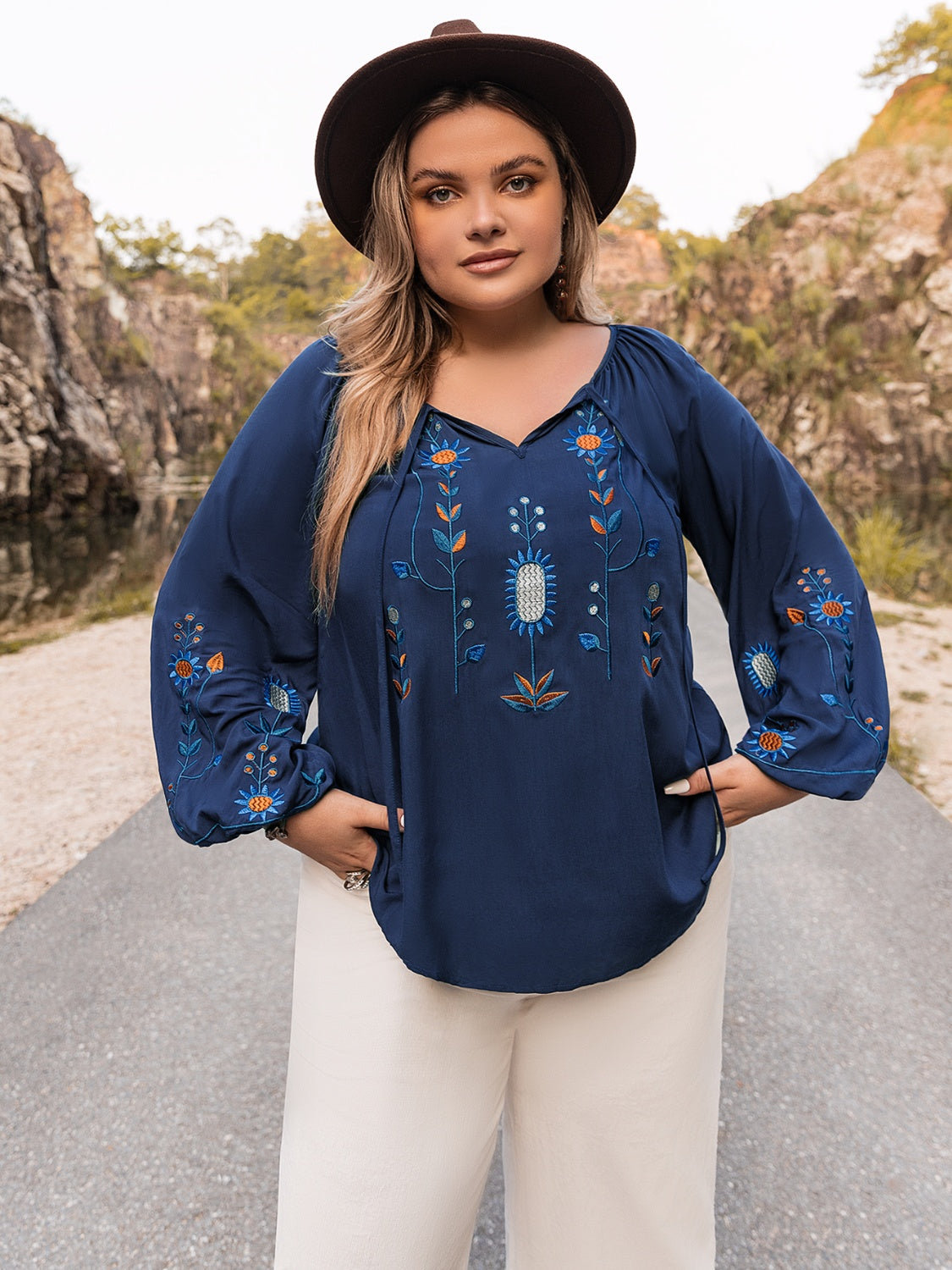 Plus Size Tie Neck Balloon Sleeve Top-Jewearrings