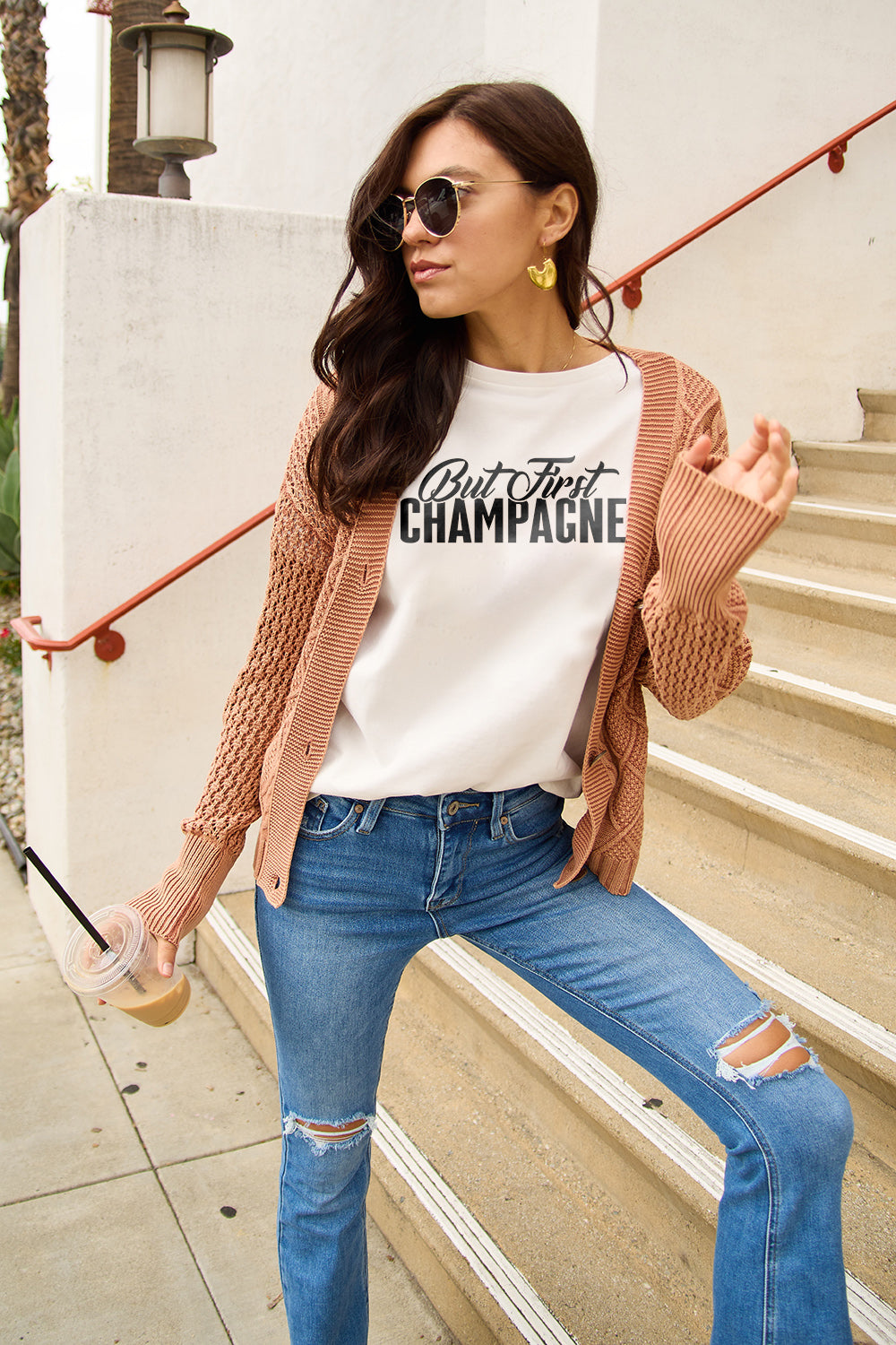 Simply Love Full Size BUT FIRST CHAMPAGNE Round Neck T-Shirt-Jewearrings