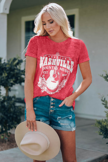 NASHVILLE COUNTRY MUSIC Graphic Round Neck Tee Shirt-Jewearrings