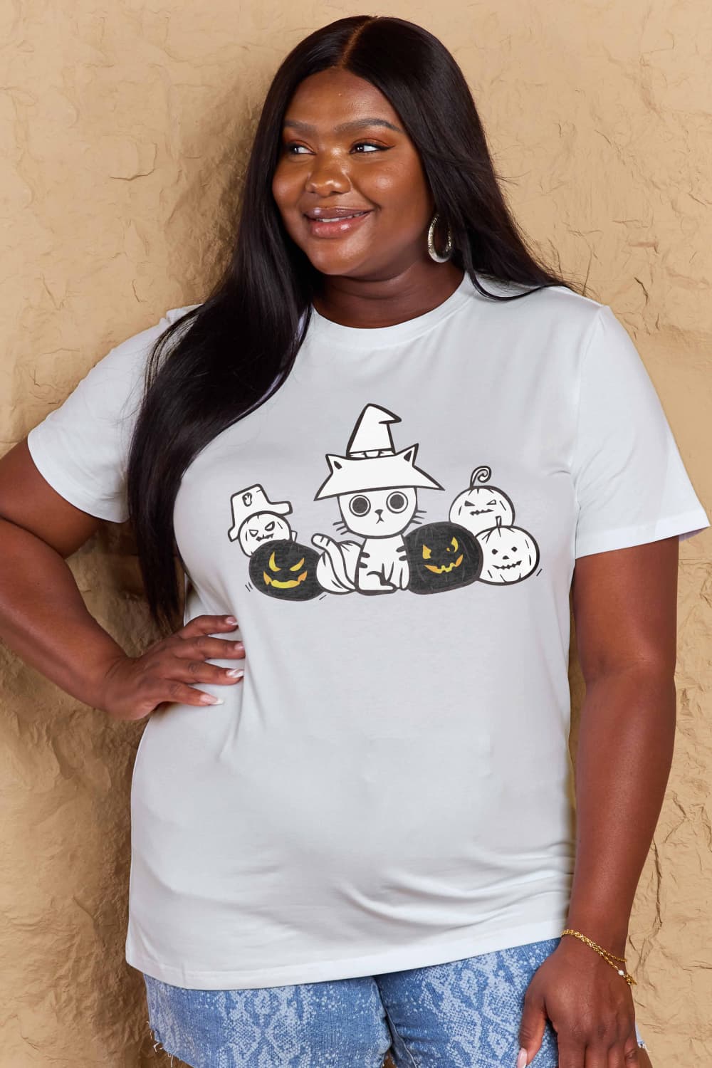 Simply Love Full Size Cat & Pumpkin Graphic Cotton T-Shirt-Jewearrings