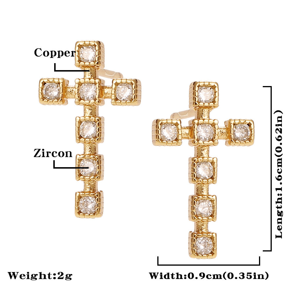 Women's Religious Ornament Copper Micro Inlaid Zircon Cross All-match Earrings-Jewearrings