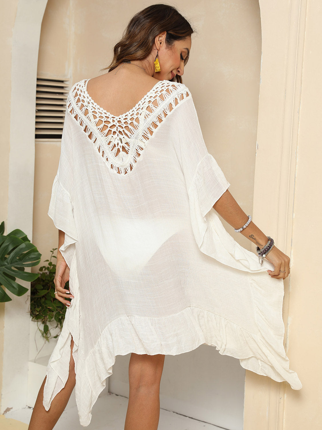 Cutout Ruffled Half Sleeve Cover-Up-Jewearrings