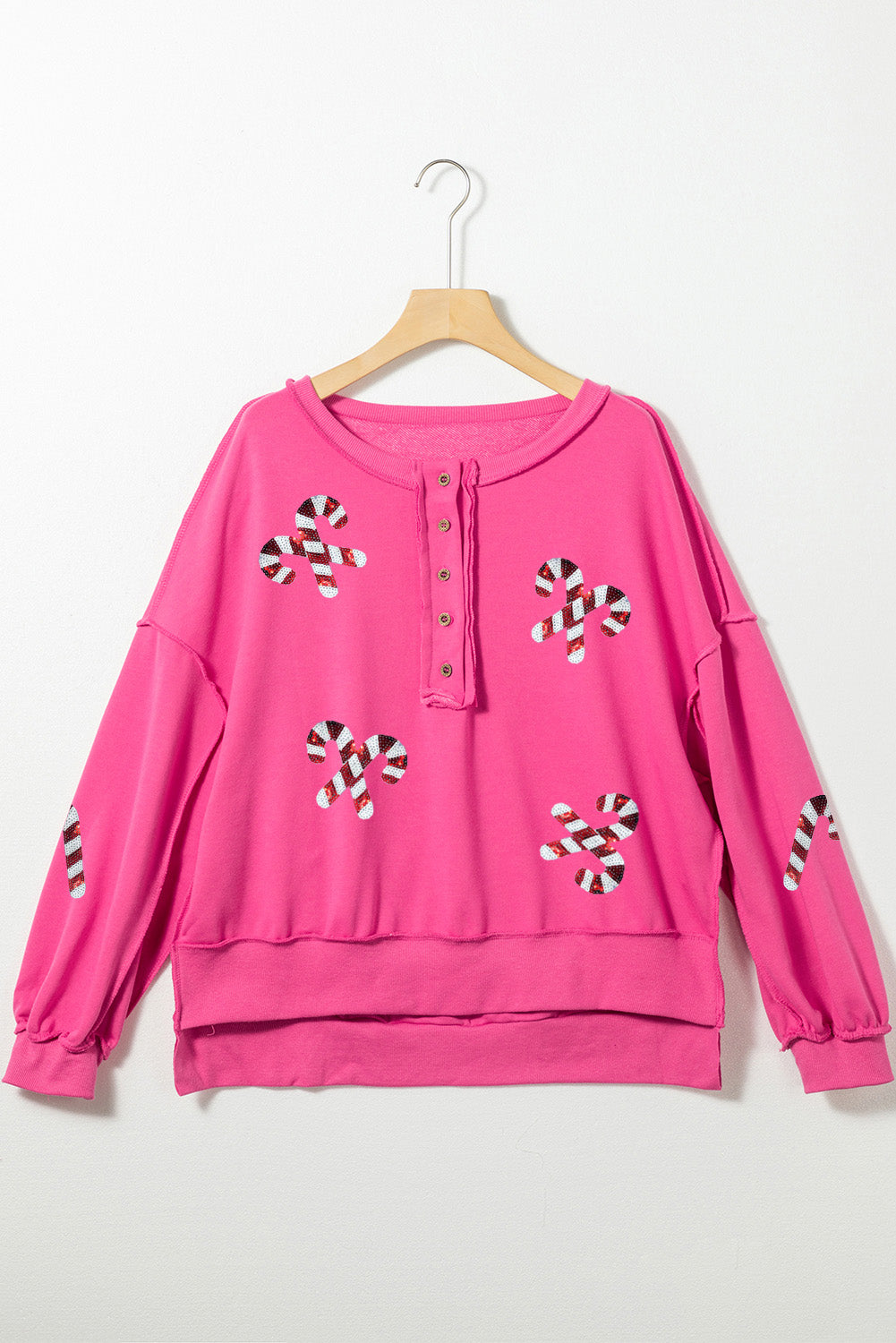 Candy Cane Sequin Exposed Seams Half Button Sweatshirt-Jewearrings