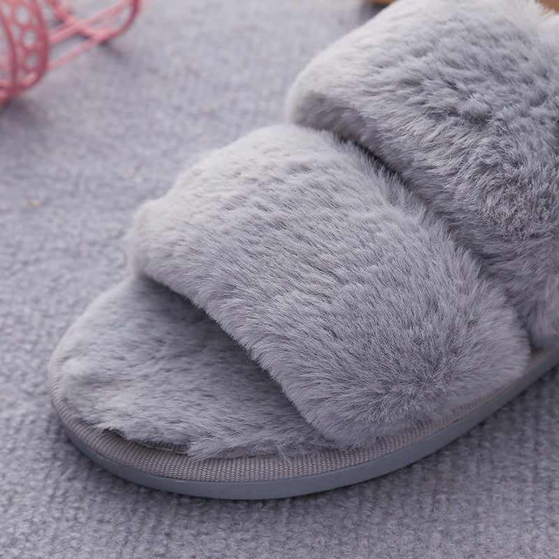 Faux Fur Double Strap Slippers-Jewearrings