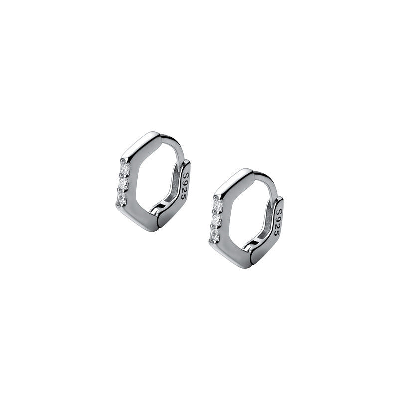 S925 Silver Hexagonal Ear Bone Hoop Row Drill Earrings Women-Jewearrings