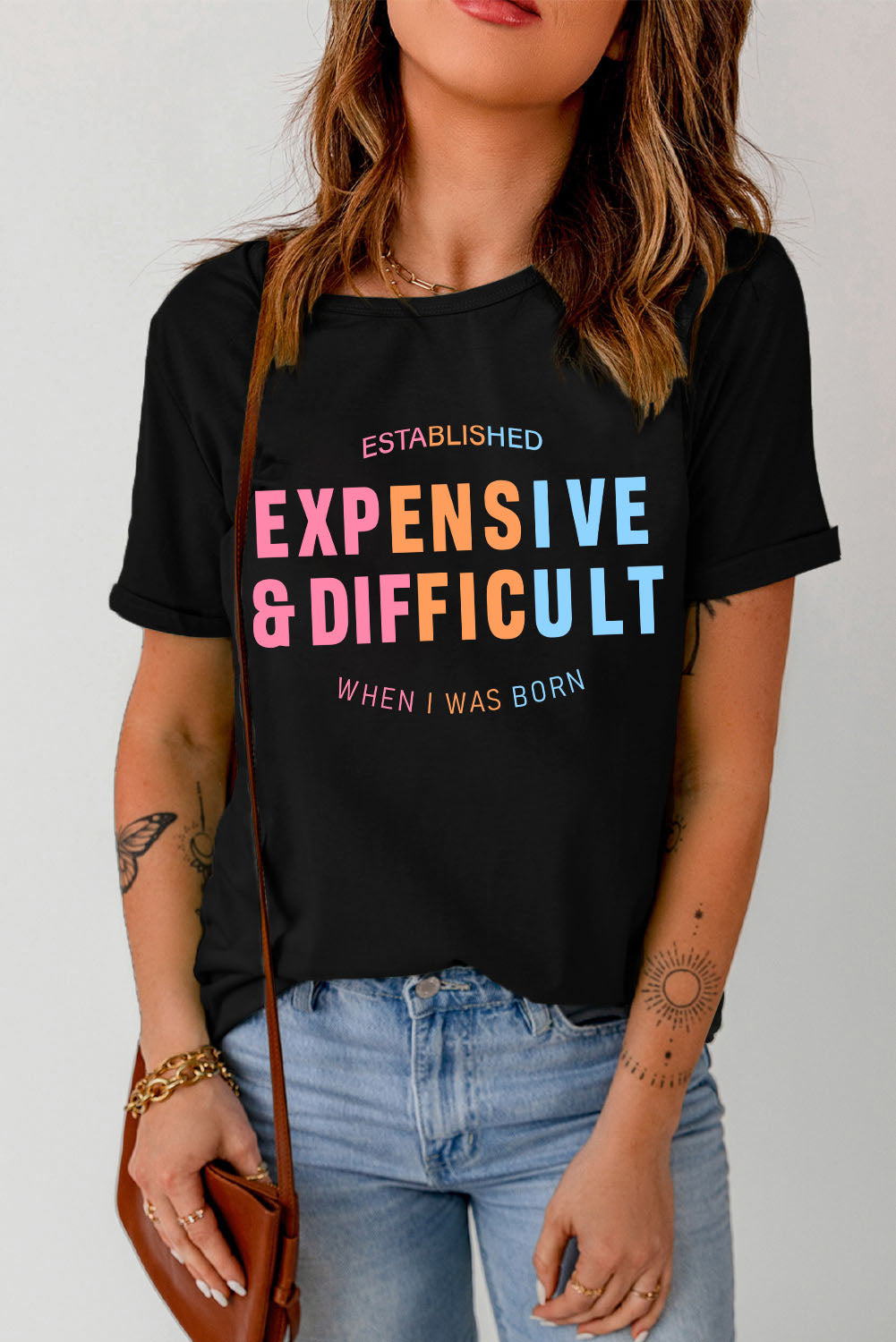 Slogan Graphic Cuffed Sleeve Tee-Jewearrings