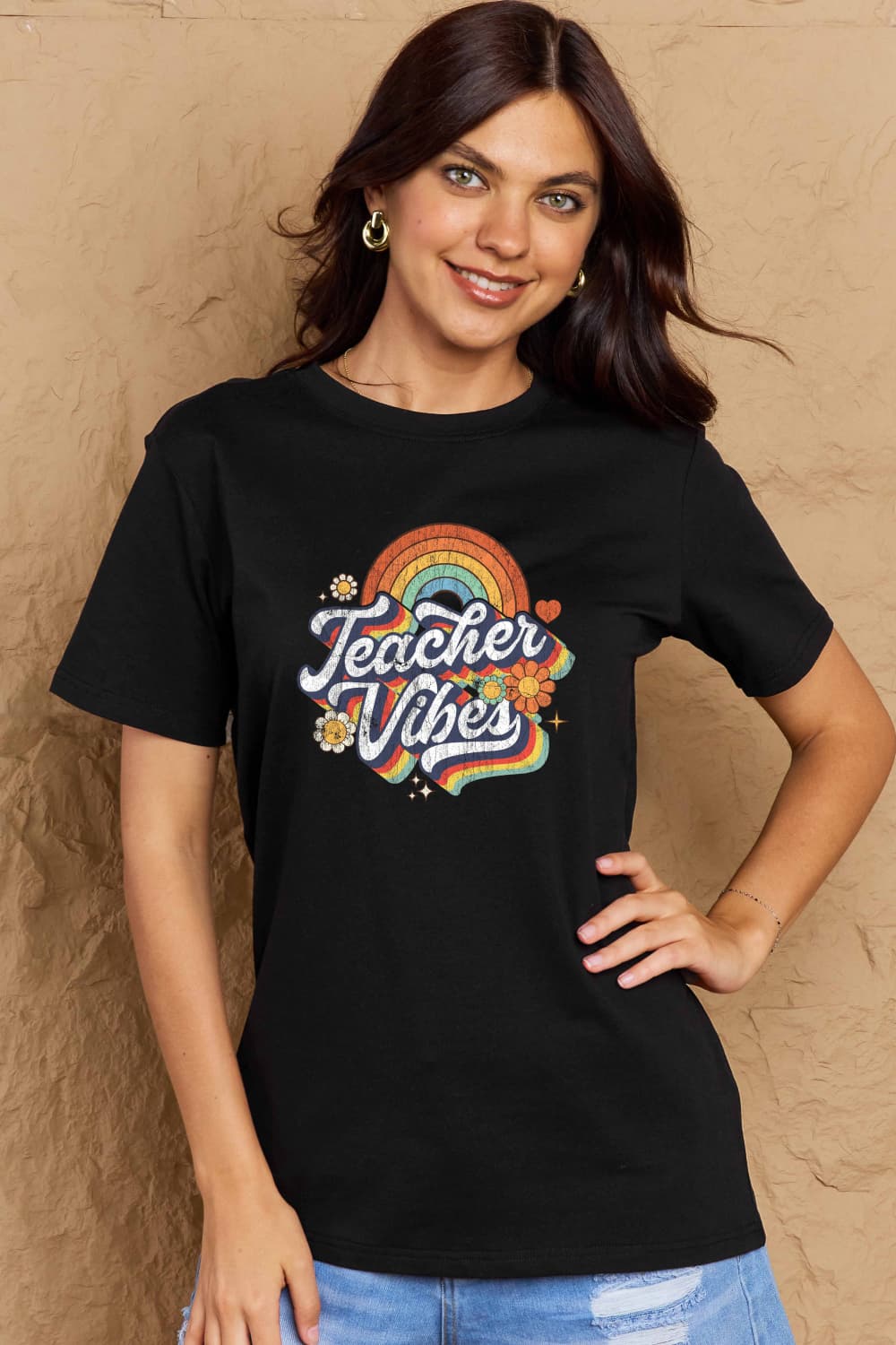 Simply Love Full Size TEACHER VIBES Graphic Cotton T-Shirt-Jewearrings