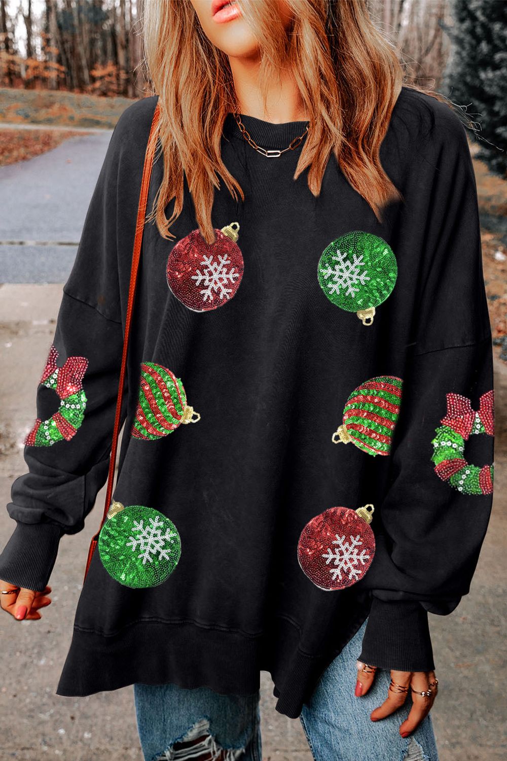 Sequin Christmas Element Round Neck Slit Sweatshirt-Jewearrings