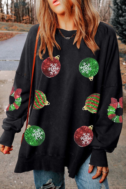 Sequin Christmas Element Round Neck Slit Sweatshirt-Jewearrings