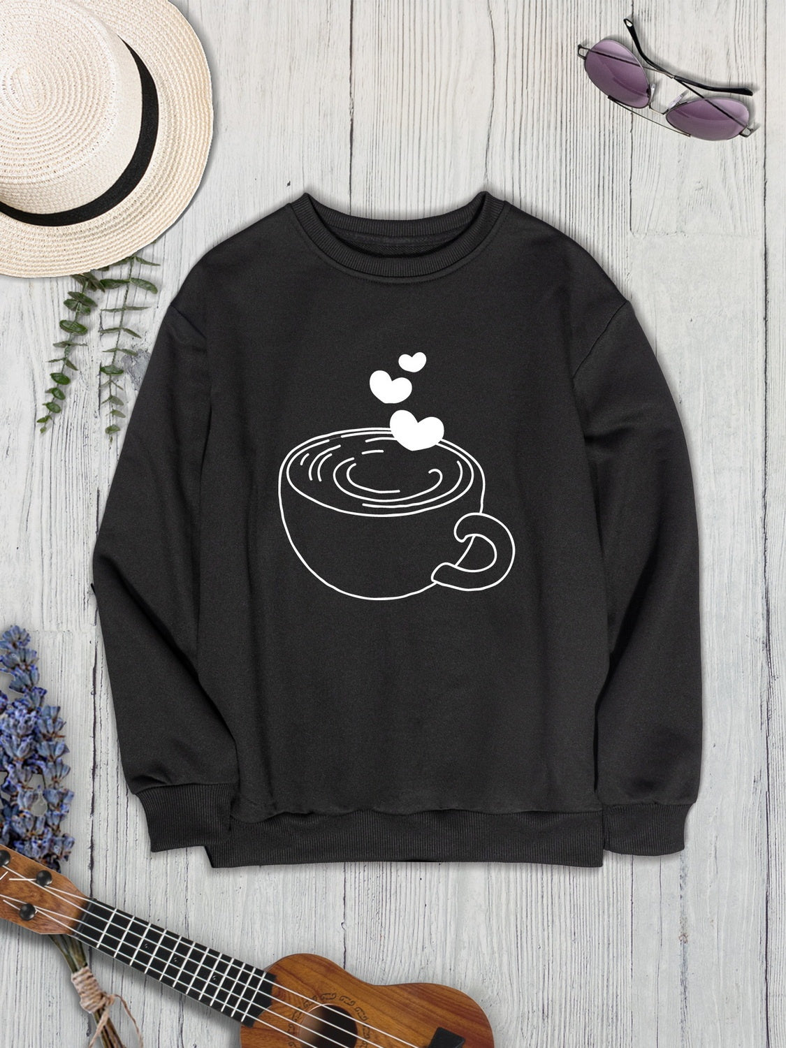 Cup Graphic Round Neck Dropped Shoulder Sweatshirt-Jewearrings