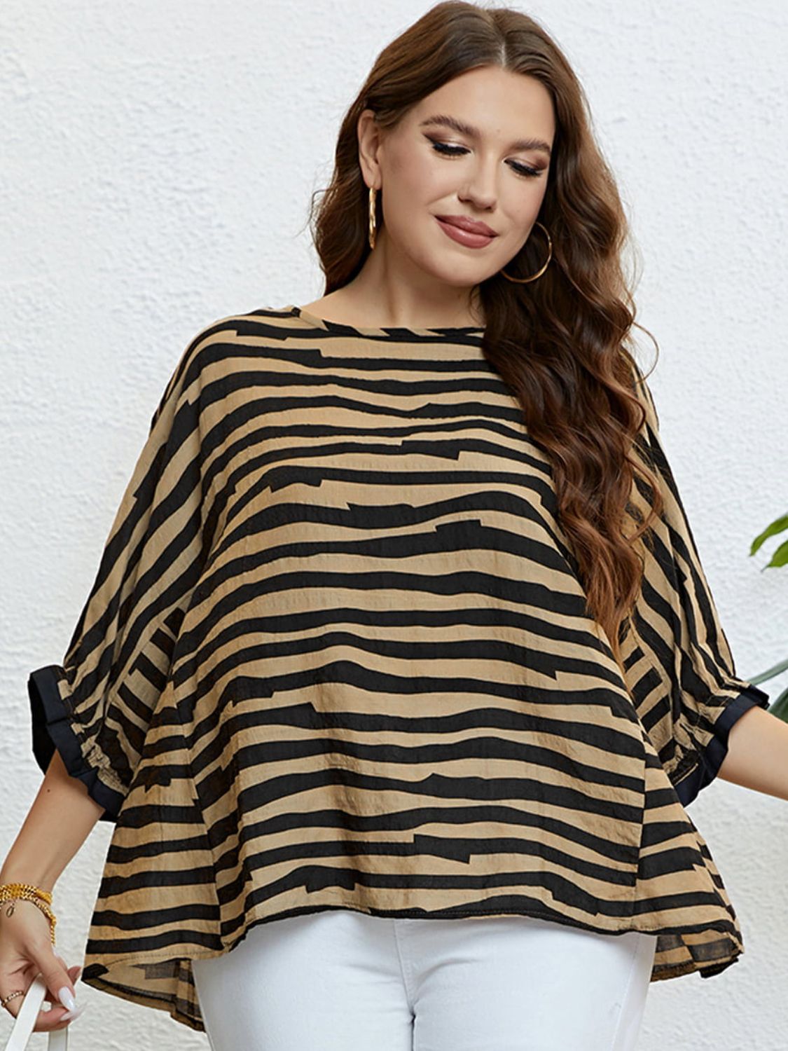 Plus Size Striped Three-Quarter Sleeve Boat Neck Top-Jewearrings