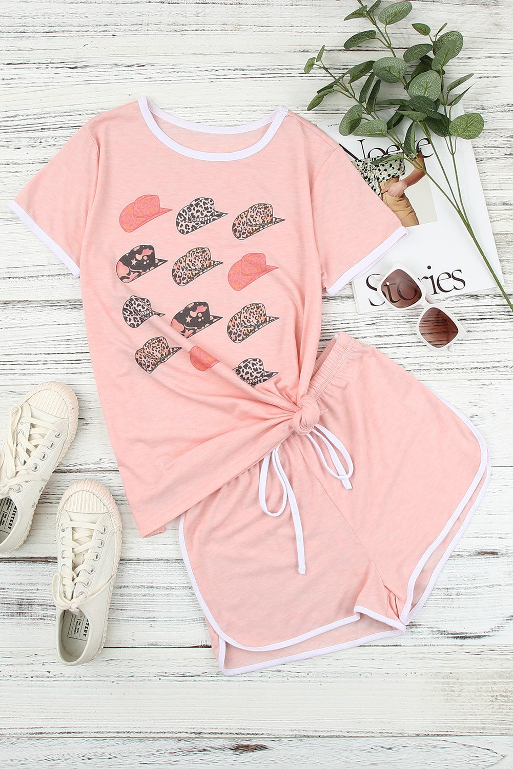 Graphic Tee and Drawstring Shorts Loungewear Set-Jewearrings