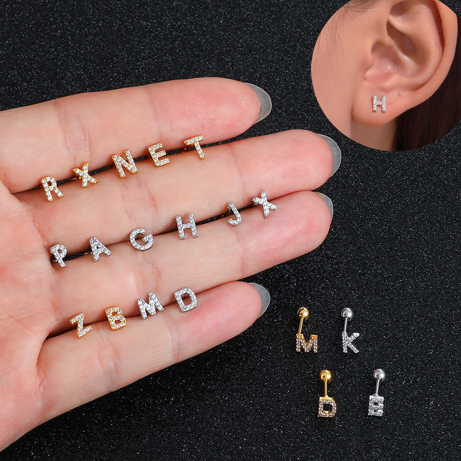 Inlaid Zircon 26 English Letters Ear Bone Stud Retro Personality Alloy Letter Thread Stud Earrings Ear Piercing-Jewearrings