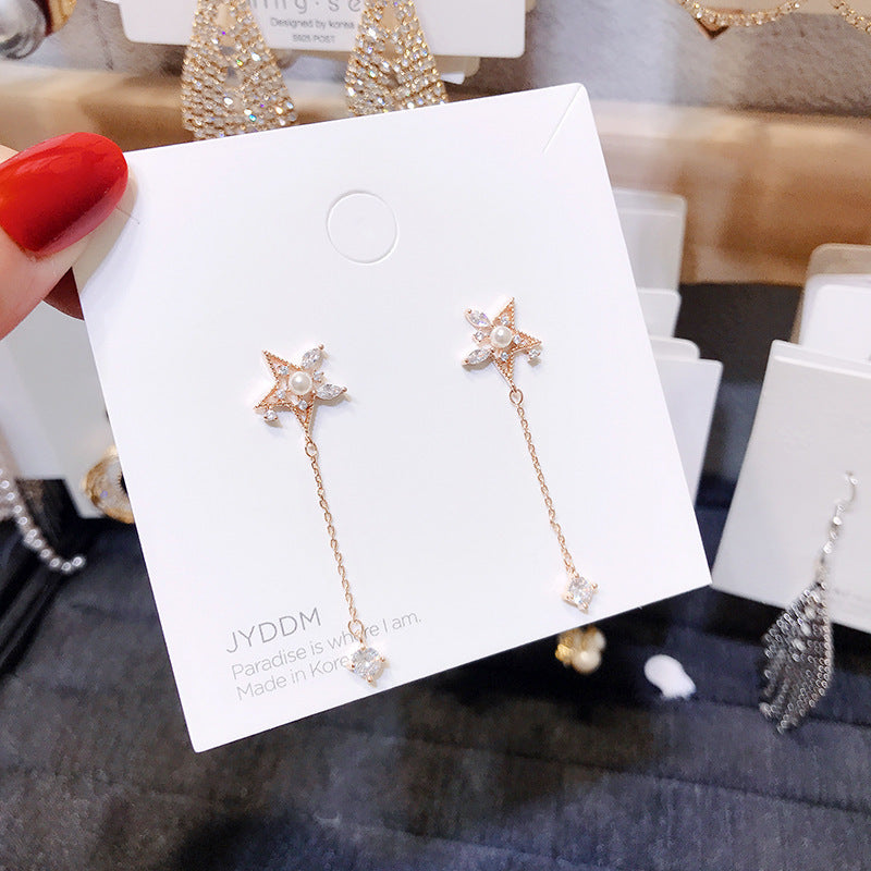 Personalized five-star pearl tassel earrings-Jewearrings