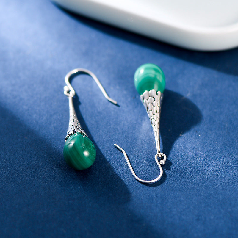 Women's Fashion Elegant Silver Malachite Drop Earrings-Jewearrings