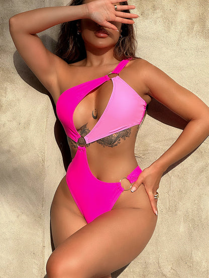 One-Shoulder Cutout Ring Detail One-Piece Swimsuit-Jewearrings