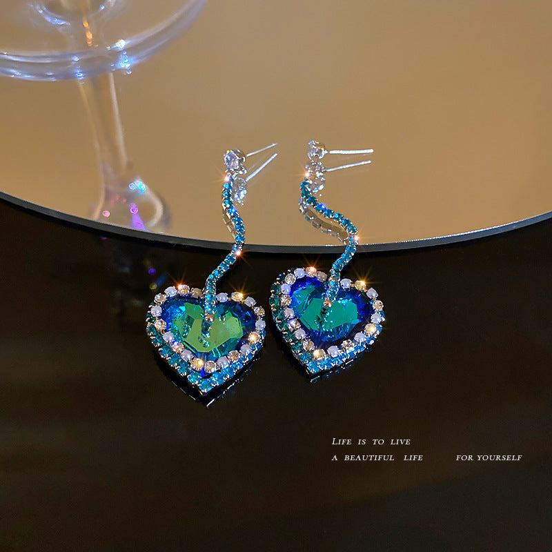 Silver Pin Exaggerated Green Love Earrings Temperament With Diamonds-Jewearrings