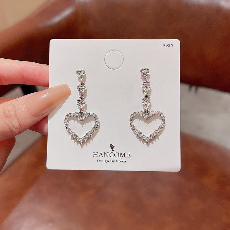 Sterling Silver Needle Sparkling Full Rhinestone Love Heart Earrings Female Ins-Jewearrings