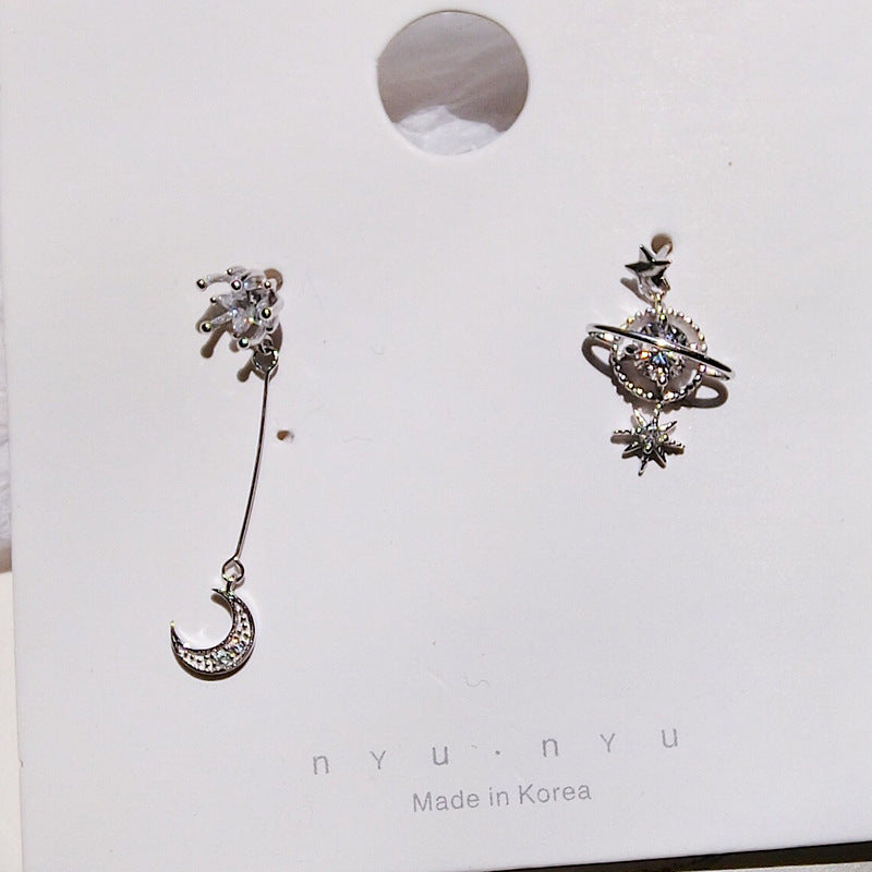 Asymmetric star and moon s925 sterling silver ladies earrings-Jewearrings